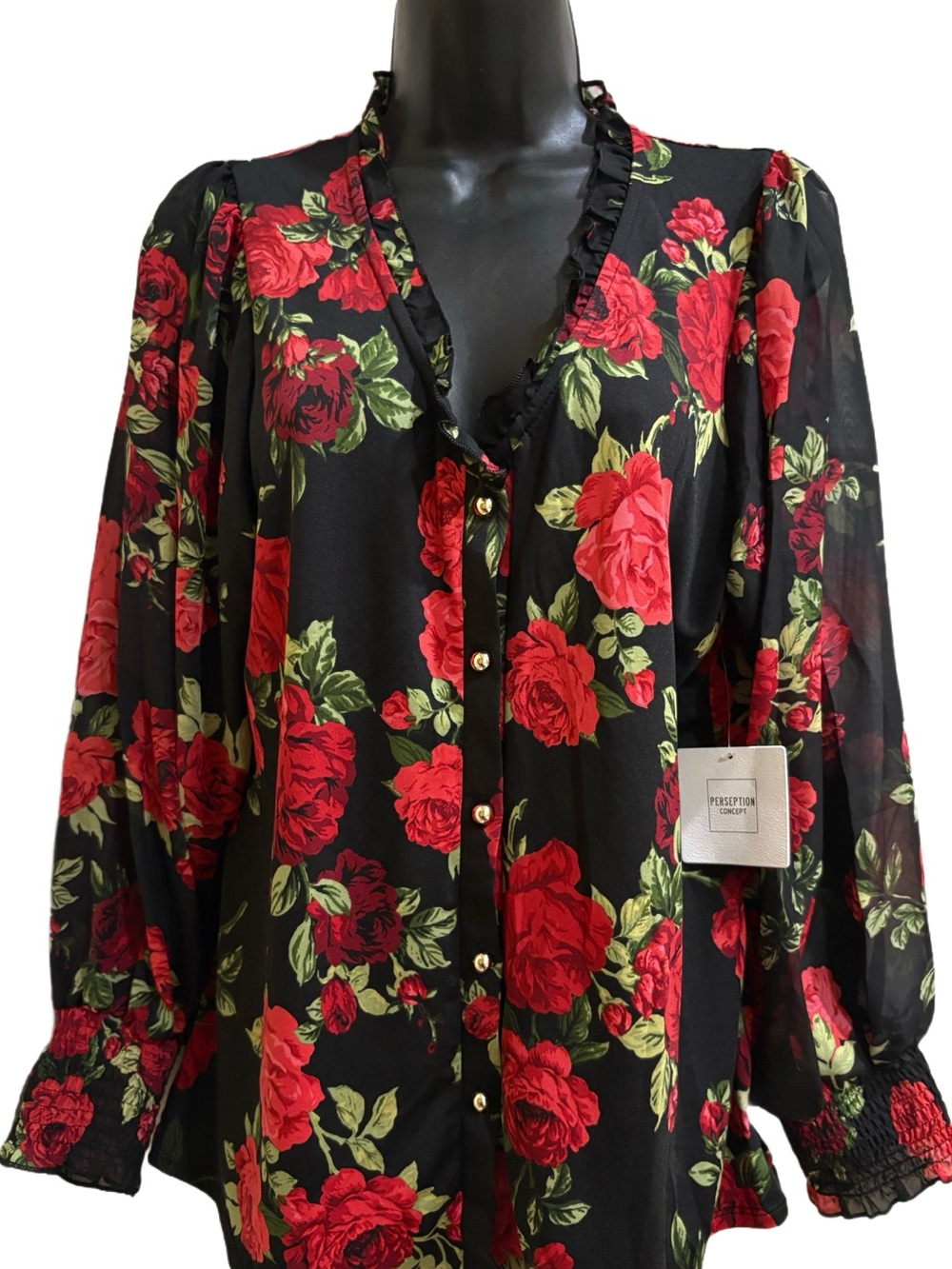 Perception Concept Black Blouse with Red Rose Print and Green Leaves⭐️NWT⭐️